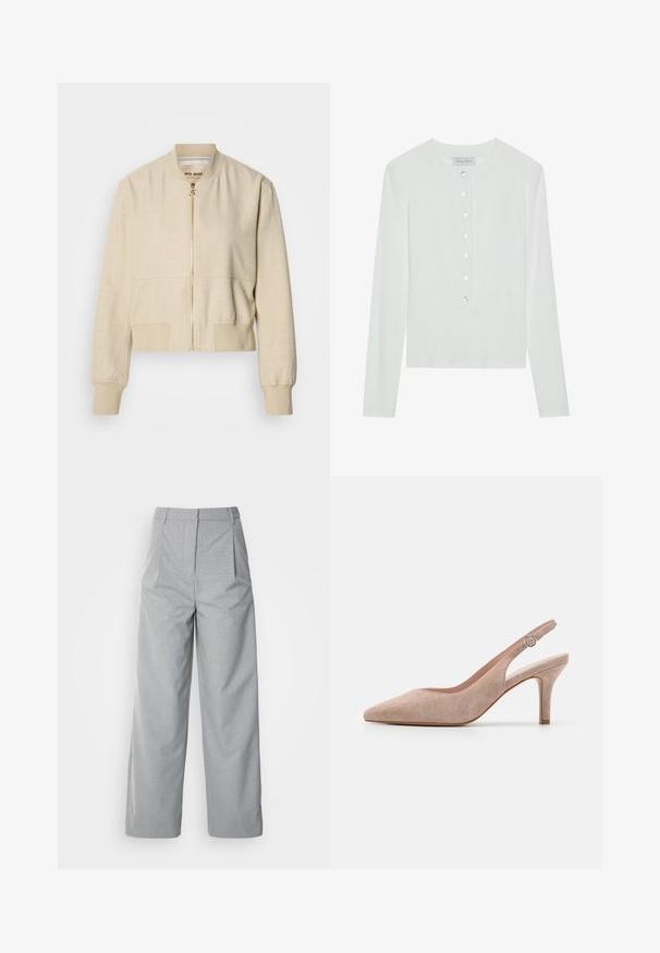 Beige cropped bomberjack gemaakt van lichtgewicht stof, met een ritssluiting aan de voorkant, geribbelde manchetten en een gladde textuur.; Witte lange mouwen top van ribstof, met een ronde halslijn en een knopenfront met zes doorzichtige knopen.; Grijze wijde broek van gestructureerde stof, met een hoge taille, plooien aan de voorkant en een rechte pasvorm naar de zoom.; Slingback hoge hak schoen in zacht beige suède, spitse neus, slanke hak en verstelbare enkelband met een ronde gesp.