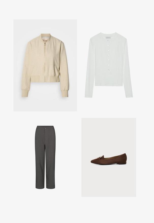 Cazadora bomber beige recortada hecha de tela ligera, con cremallera frontal, puños acanalados y textura suave.; Top blanco de manga larga hecho de tela acanalada, con un cuello redondo y un cierre frontal abotonado con seis botones transparentes.; Pantalones de vestir grises con un diseño de pierna recta, textura suave, cierre frontal con botón y dobladillos zurcidos para un aspecto ajustado.; Zapato plano de ante marrón con punta, tacón bajo y hebilla decorativa sobre la parte superior, mostrado de perfil sobre fondo blanco.