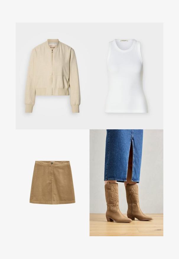 Beige cropped bomberjakke lavet af letvægtsstof, med en frontlynlås, ribstrikkede ærmegab og en glat tekstur.; Hvid ribbet ærmeløs tanktop med rund halsudskæring, tætsiddende pasform og Scotch & Soda mærke indeni kraven.; Brun fløjl mini nederdel med knaplukning, der har en vertikal ribbet tekstur og et enkelt design. Kanten er lige og velafgrænset.; Tan western-stil støvler med dekorativ syning, spids tå og stakket hæl. Båret med en denimnederdel i knæ længde, der afslører støvlerne.