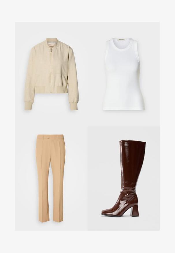 Cazadora bomber beige recortada hecha de tela ligera, con cremallera frontal, puños acanalados y textura suave.; Camiseta sin mangas blanca con textura acanalada, escote redondo, ajuste ceñido y etiqueta de la marca Scotch & Soda en el interior del cuello.; Pantalones tailored beige con pierna recta, que cuentan con dos pliegues frontales, un diseño de frente plano y una tela suave y ligera.; Botas de charol marrones hasta la rodilla con punta cuadrada, acabado brillante y un tacón ancho para mayor estabilidad. Diseño sin costuras sin herrajes visibles.