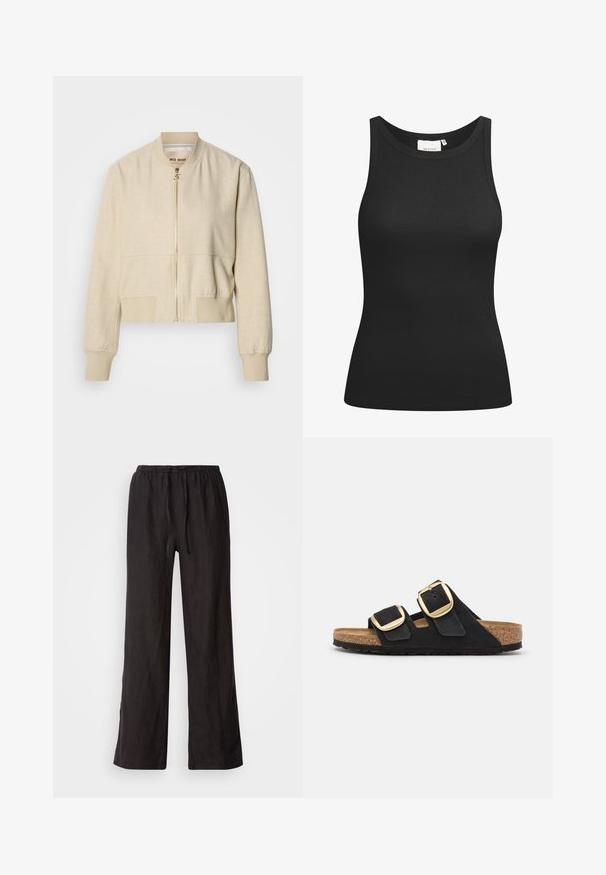 Beige cropped bomberjakke lavet af letvægtsstof, med en frontlynlås, ribstrikkede ærmegab og en glat tekstur.; Sort tanktop lavet af ribbet materiale, med en scooped halsudskæring og en tætsiddende form. Flade sømme og ingen udsmykninger. Enkel og strømlinet design.; Sorte, løse bukser med elastisk talje og snor. Fremstillet af et let stof med en glat overflade og lige ben.; Sorte ruskind slide sandaler med to brede stropper, hver med en stor guldspænde og en naturlig kork sål med en tekstureret gummisål.