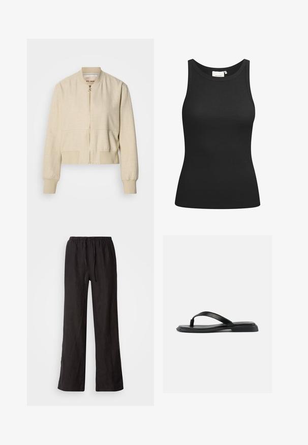 Veste bomber courte beige en tissu léger, avec fermeture éclair frontale, poignets côtelés et texture lisse.; Débardeur noir en tissu côtelé, avec un décolleté en forme de rond et une coupe ajustée. Coutures plates et sans ornements. Design simple et épuré.; Pantalons noirs amples avec une taille élastique et un cordon de serrage. Fabriqués dans un tissu léger avec une texture lisse et des jambes droites.; Sandale noire plate en forme de tongs avec une bride texturée et un talon légèrement surélevé, montrée en profil latéral sur un fond clair uni.