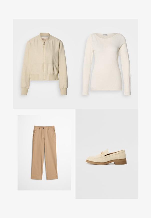 Beige cropped bomberjakke lavet af letvægtsstof, med en frontlynlås, ribstrikkede ærmegab og en glat tekstur.; Langærmet, rundhalset top i off-white, lavet af et blødt, let stof med en glat tekstur og minimalistisk design.; Beige bomuldsbukser med lige ben, knaplukning foran og en glat tekstur. Har standard bærestropper og flad frontdesign.; Beige tekstil loafers med en lav blokhæl, der har et syet design og en dekorativ hardware accent i guldtoner på overdelen.