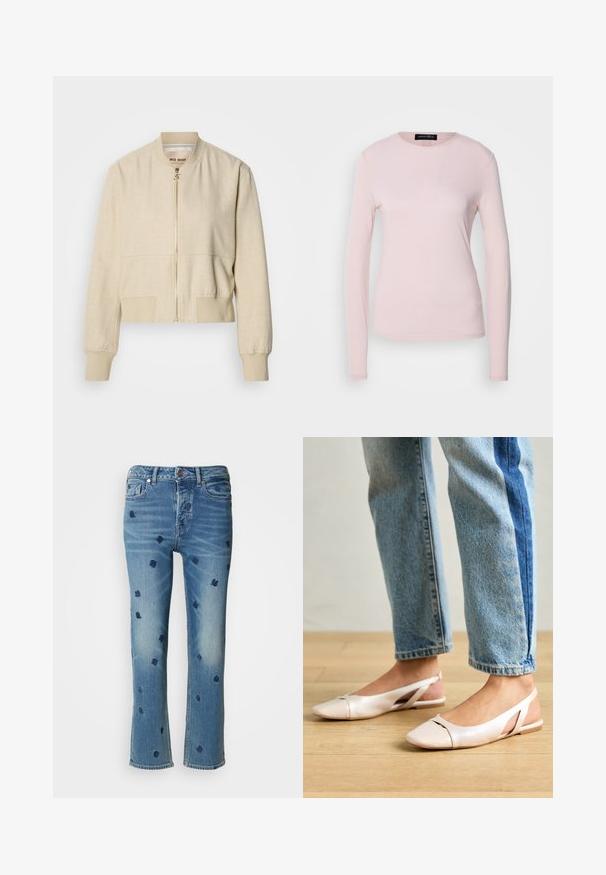 Beige cropped bomberjakke lavet af letvægtsstof, med en frontlynlås, ribstrikkede ærmegab og en glat tekstur.; Langærmet skjorte i blødt lyserødt stof med rund halsudskæring og en tætsiddende pasform. Glat tekstur uden synlige mønstre eller accenter.; Lysblå denimjeans med lige ben, prydet med marineblå blomsterbroderi og slitageeffekter nær lommerne og kanten.; Lyserøde slingback flade sko med spidse tær, lavet af et glat læderlignende materiale. Har udskæringsdetaljer på siderne og en flad hæl.
