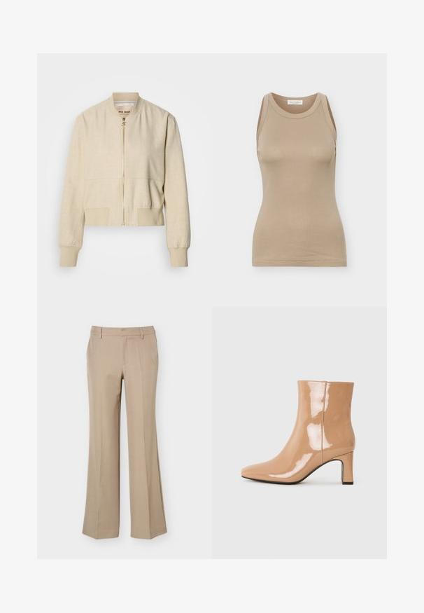 Beige cropped bomberjakke lavet af letvægtsstof, med en frontlynlås, ribstrikkede ærmegab og en glat tekstur.; Beige ærmeløs tætsiddende dame top med rund halsudskæring og Marc O'Polo mærke på bagsiden inde i kraven.; Beige damebukser med bæltestropper, frontfold og lige brede ben på en ens hvid baggrund.; Nude patent ankelstøvler med spids tå, en skinnende overflade og en blokhæl i mellem højde. Glat tekstur og strømlinet silhuet.