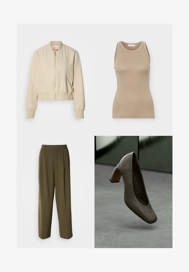 Beige cropped bomberjack gemaakt van lichtgewicht stof, met een ritssluiting aan de voorkant, geribbelde manchetten en een gladde textuur.; Beige dames tanktop zonder mouwen, nauwsluitend, met ronde hals en een Marc O'Polo label aan de binnenkant van de achterkraag.; Olijfgroene wijde broek van een gladde stof, met een hoge taille, plooien aan de voorkant en zijzakken voor functionaliteit.; Donkergroen leren hoge hak met vierkante neus en blokhak, zwevend boven een grijze betonnen vloer met een vervaagde groene achtergrond.