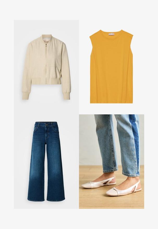 Veste bomber courte beige en tissu léger, avec fermeture éclair frontale, poignets côtelés et texture lisse.; Haut sans manches jaune en coton doux, avec un col rond et une coupe droite, agrémenté de coutures discrètes le long des bords.; Jean large en denim bleu foncé. Doté d'une taille haute, d'une fermeture à bouton et d'un design classique à cinq poches avec une légère décoloration.; Ballerines slingback rose pâle avec un bout pointu, fabriquées en un matériau semblable au cuir lisse. Présentent des découpes sur les côtés et un talon plat.