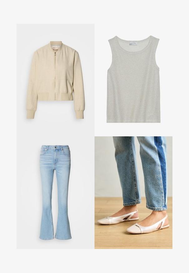 Beige cropped bomberjack gemaakt van lichtgewicht stof, met een ritssluiting aan de voorkant, geribbelde manchetten en een gladde textuur.; Lichtgrijs mouwloos topje van een zachte, gestructureerde brei-stof. Heeft een ronde halslijn en een losse pasvorm. Het label binnenin zegt "ANNA FIELD".; Lichtblauwe flared jeans van denim met een hoge taille, voorzien van subtiele vervaging en een standaard ritsluiting.; Zachtroze slingback ballerina's met een spitse neus, gemaakt van een glad leerachtig materiaal. Bevat uitsnijdingen aan de zijkanten en heeft een platte hak.