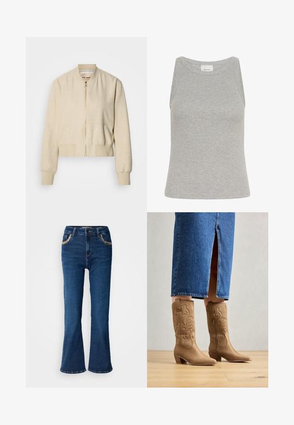 Beige cropped bomberjakke lavet af letvægtsstof, med en frontlynlås, ribstrikkede ærmegab og en glat tekstur.; Grå ribbet tanktop med rund halsudskæring og ærmeløs design. Fremstillet af blødt stof, har en tætsiddende silhuet og minimale syninger.; Mørkeblå brede jeans med en glat denimoverflade, kontrasterende gyldne syninger og forlommer. Klassisk fem-lomme design.; Tan western-stil støvler med dekorativ syning, spids tå og stakket hæl. Båret med en denimnederdel i knæ længde, der afslører støvlerne.