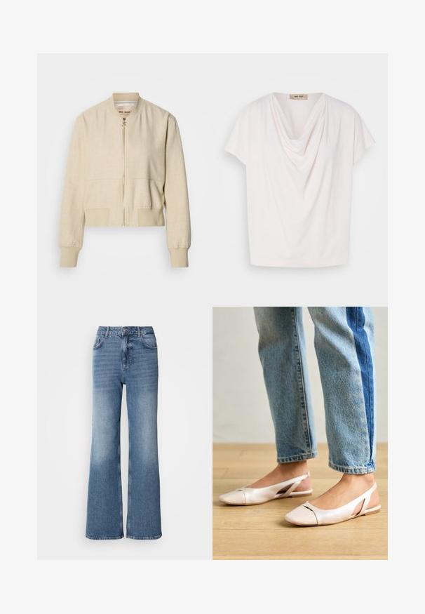 Beige cropped bomberjakke lavet af letvægtsstof, med en frontlynlås, ribstrikkede ærmegab og en glat tekstur.; Cowl neck, kortærmet top i blødt hvidt stof; afslappet pasform med drapering ved halslinjen og en glat tekstur.; Mos Mosh MAI - Jeans Straight Leg - blue wash; Lyserøde slingback flade sko med spidse tær, lavet af et glat læderlignende materiale. Har udskæringsdetaljer på siderne og en flad hæl.