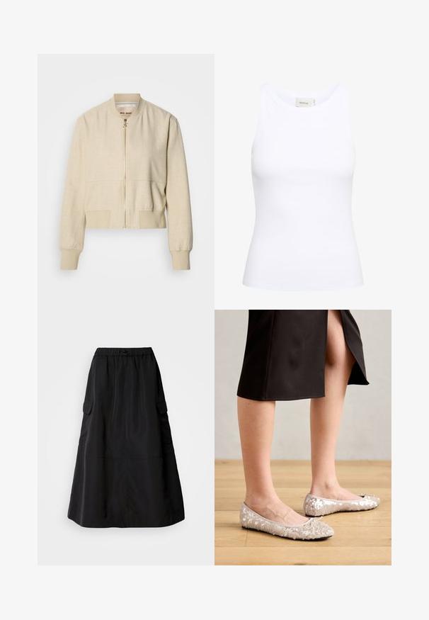 Beige cropped bomberjack gemaakt van lichtgewicht stof, met een ritssluiting aan de voorkant, geribbelde manchetten en een gladde textuur.; Witte geribde tanktop met een ronde halslijn en zonder mouwen. Rekbaar materiaal en een aansluitend ontwerp. Het label op de achterkant zegt "GESTUZ."; Zwarte rok met een losse pasvorm, gemaakt van gladde stof. Voorzien van een elastische tailleband en twee zijcargo zakken. Middellange uitvoering.; Beige sequined balletschoenen met een ronde neus, voorzien van een strikaccent, gecombineerd met een zwarte rok, gepresenteerd op een houten vloer.