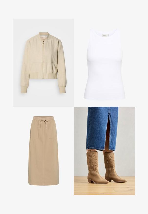 Veste bomber courte beige en tissu léger, avec fermeture éclair frontale, poignets côtelés et texture lisse.; Débardeur blanc côtelé avec un col rond et sans manches. Tissu extensible et design ajusté. Étiquette au dos indiquant "GESTUZ."; Jupe en coton beige avec une taille à cordon, deux poches latérales, coupe droite et fentes sur les côtés pour plus de liberté de mouvement. Texture lisse.; Bottes western en cuir marron avec des coutures décoratives, bout pointu et talon empilé. Portées avec une jupe en denim longue jusqu'au genou, mettant en valeur les bottes.
