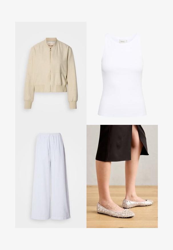 Beige cropped bomberjakke lavet af letvægtsstof, med en frontlynlås, ribstrikkede ærmegab og en glat tekstur.; Hvid ribbet tanktop med rund halsudskæring og uden ærmer. Strækbart stof og tætsiddende design. Etiketten bagpå viser "GESTUZ."; Hvide bukser med vide ben og lyseblå striber, udstyret med en elastisk talje med snor og et tekstureret stof.; Beige stæl ballet flats med en rund tå, der har en bueaccent, parret med en sort nederdel, vist på et trægulv.