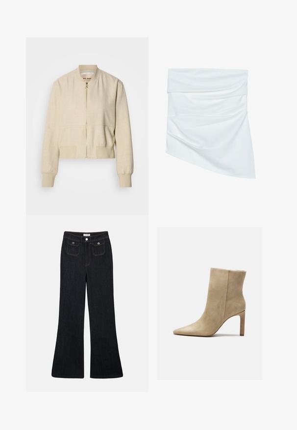 Beige cropped bomberjakke lavet af letvægtsstof, med en frontlynlås, ribstrikkede ærmegab og en glat tekstur.; Hvidt stof mini nederdel med draperet design, som har en blød tekstur og asymmetrisk form, foldet ved taljen for ekstra stil.; Sorte denim jeans med høj talje, flared ben, to frontlommer og orange syninger. Materialet ser solidt og glat ud.; Zign by Zalando Højhælede støvletter - beige