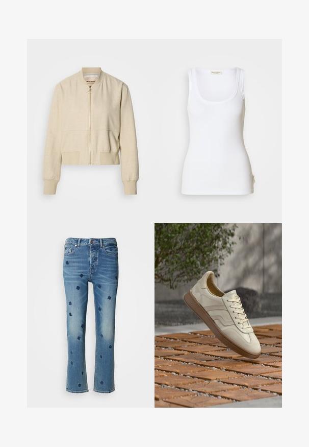Beige cropped bomberjakke lavet af letvægtsstof, med en frontlynlås, ribstrikkede ærmegab og en glat tekstur.; Hvid ribbet tanktop med rund halsudskæring og brede stropper. Har en logomærkat på sidesømmen. Fremstillet af blødt, elastisk stof.; Lysblå denimjeans med lige ben, prydet med marineblå blomsterbroderi og slitageeffekter nær lommerne og kanten.; Sneakers i cremefarve med en struktureret beige gummisål, snøredesign og diskret brand på siden. Overdel i glat læder.