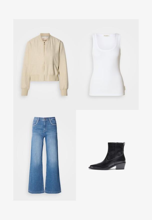 Cazadora bomber beige recortada hecha de tela ligera, con cremallera frontal, puños acanalados y textura suave.; Camiseta sin mangas blanca con canalé, escote redondo y tirantes anchos. Presenta una etiqueta con el logo en el dobladillo lateral. Hecha de tela suave y elástica.; Pantalones vaqueros de pierna ancha en azul, fabricados en denim, con una cintura alta, costuras decorativas en los bolsillos y un lavado desgastado.; Bota negra de cuero hasta el tobillo con punta afilada y tacón bajo. Cuenta con un cierre lateral y detalles de costura mínimos para un diseño elegante.