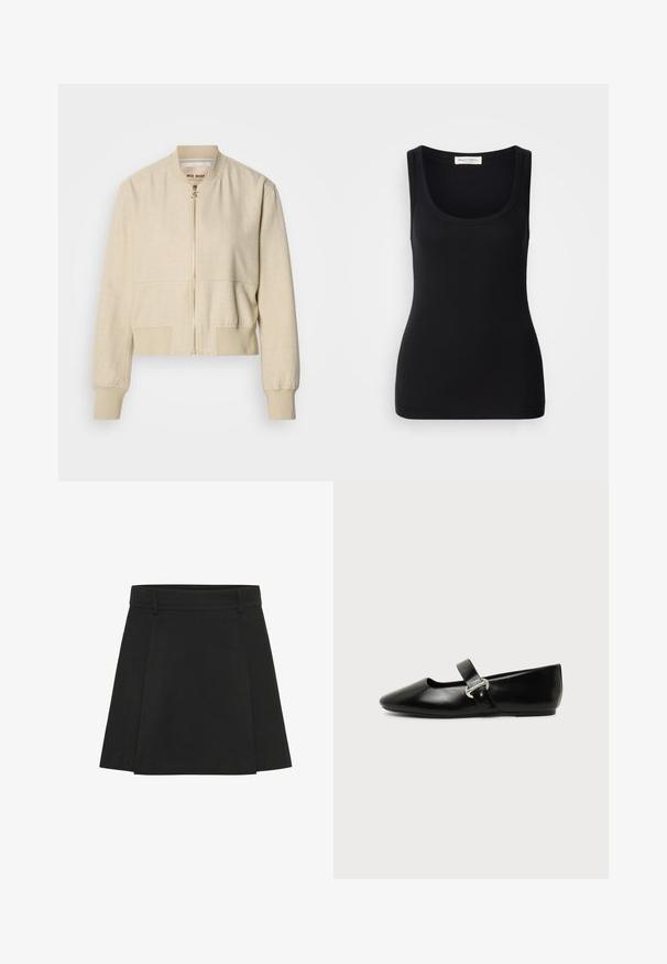 Veste bomber courte beige en tissu léger, avec fermeture éclair frontale, poignets côtelés et texture lisse.; Débardeur noir côtelé avec un col rond, de larges bretelles et une coupe ajustée. Étiquette à l'arrière indiquant "Marc O'Polo".; Jupe plissée noire avec une taille structurée. Fabriquée à partir d'un tissu texturé, elle présente des plis distincts et un ourlet droit.; Chaussure plate Mary Jane en cuir noir avec bout arrondi et bride à boucle argentée sur fond uni.