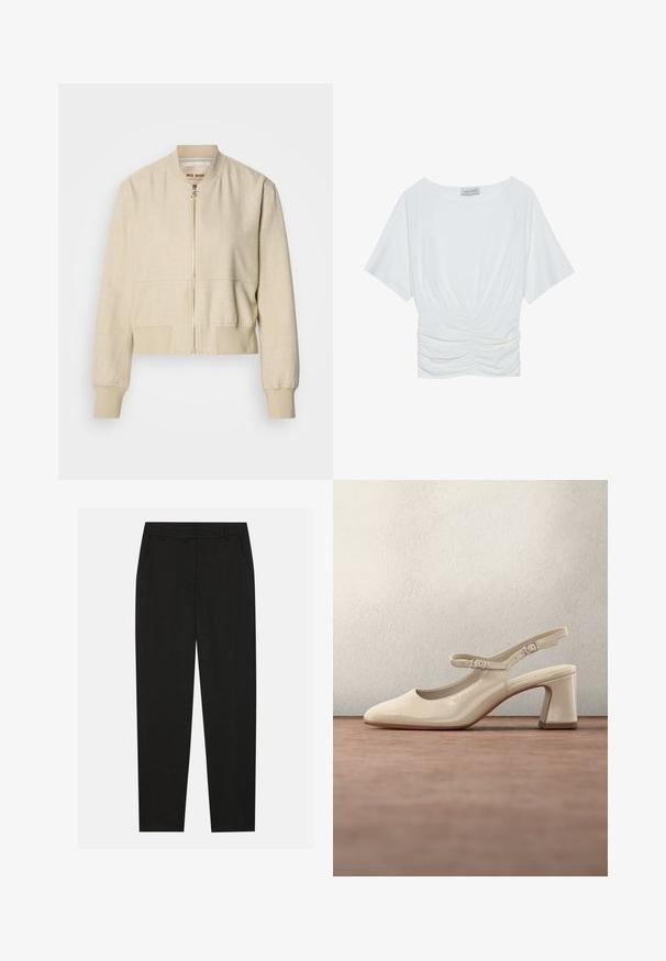 Veste bomber courte beige en tissu léger, avec fermeture éclair frontale, poignets côtelés et texture lisse.; Haut blanc à manches courtes avec une coupe décontractée, présentant un design froncé à la taille et une texture de tissu lisse. Étiquette : Anna Field.; Pantalon noir au design ajusté, doté de poches latérales et d'une jambe droite. Fabriqué en tissu lisse et léger avec une finition élégante.; Chaussure slingback en cuir beige clair avec un petit talon bloc et deux boucles argentées réglables sur un fond de sol gris.