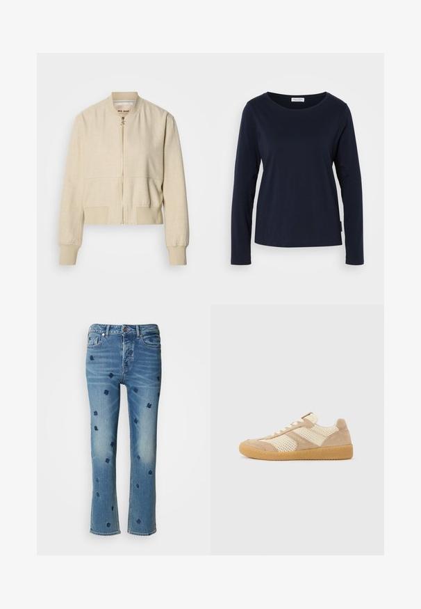 Beige verkürzte Bomberjacke aus leichtem Stoff, mit einem Frontreißverschluss, gerippten Bündchen und einer glatten Textur.; Marineblaues Langarm-T-Shirt aus weicher Baumwolle, mit Rundhalsausschnitt und geradem Saum sowie minimaler Detailgestaltung.; Hellblaue Jeans aus Denim mit geradem Bein, verziert mit navyblauer floralem Stickerei und einem Used-Look-Effekt nahe den Taschen und dem Saum.; Beige und cremefarbener Sneaker mit niedrigem Schaft, Mesh- und Wildlederpaneelen, weißen Schnürsenkeln und einer Gummisohle in Karamellfarbe, seitlich auf einfachem Hintergrund gezeigt.