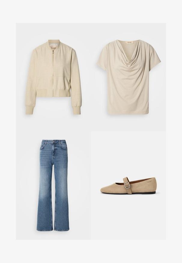 Beige cropped bomberjakke lavet af letvægtsstof, med en frontlynlås, ribstrikkede ærmegab og en glat tekstur.; Beige kortærmet top med en draperet cowl-hals. Blødt, let materiale med en glat tekstur og en afslappet pasform. Etiket synlig ved halsudskæringen.; Mos Mosh MAI - Jeans Straight Leg - blue wash; Beige ruskind Mary Jane flade sko med spids tå og et enkelt justerbart strop med en sølv spænde. Sort flad sål.