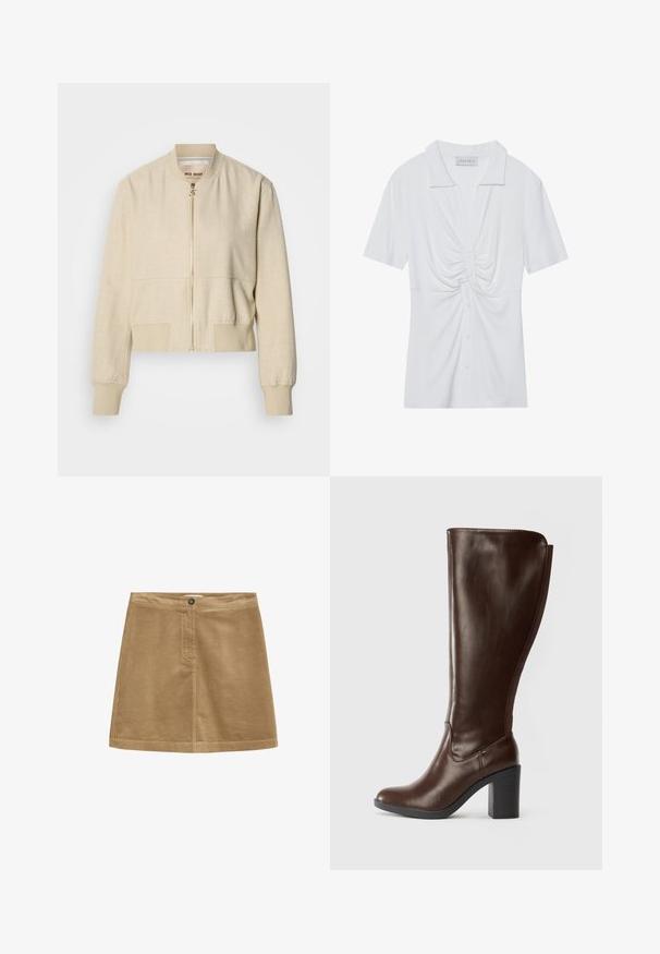 Beige cropped bomberjack gemaakt van lichtgewicht stof, met een ritssluiting aan de voorkant, geribbelde manchetten en een gladde textuur.; Witte blouse met korte mouwen en kraag, met een gedraaid knooppuntdetail aan de voorkant en een knoopsluiting. Glad ribbeltextuur.; Bruine corduroy mini-rok met een knoopsluiting, met een verticale ribbelstructuur en een eenvoudig ontwerp. De zoom is recht en netjes afgewerkt.; Donkerbruine leren laars tot de knie met een ronde neus en blokhak, een gladde afwerking en een elastisch paneel aan de achterkant.