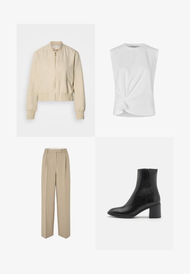 Beige cropped bomberjack gemaakt van lichtgewicht stof, met een ritssluiting aan de voorkant, geribbelde manchetten en een gladde textuur.; Witte mouwloze top met ronde hals en gedraaide knoopdetail aan de voorkant, gemaakt van gladde stof, maat medium, label "Second Female" zichtbaar aan de binnenkant.; Beige wijde broek met verticale streepjes. Gemaakt van een gestructureerde stof, met geplooide voorkant, riemlussen en een getailleerde snit.; Zwarte leren enkelboot met een ronde neus, een blokhak van gemiddelde hoogte en een gladde afwerking. Voorzien van een discrete zijrits.