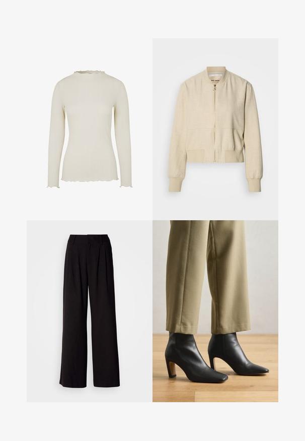 Beige cropped bomberjakke lavet af letvægtsstof, med en frontlynlås, ribstrikkede ærmegab og en glat tekstur.; Langærmet top i lysecrème ribbet stof med en tekstureret finish. Har en bølget udskæring og kant for ekstra detaljer.; Sorte bukser med vid benvidde lavet af glat stof, med folder foran, en tætsiddende talje og uden synlige mønstre eller detaljer.; Sorte læder ankelstøvler med spids tå, firkantet hæl og en glat overflade, parret med beige skræddersyede bukser.