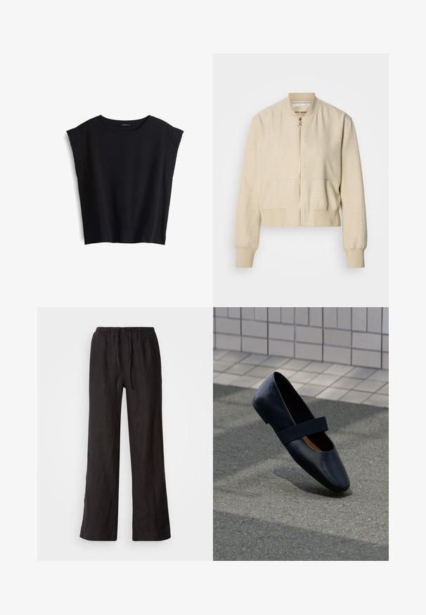 Beige cropped bomberjack gemaakt van lichtgewicht stof, met een ritssluiting aan de voorkant, geribbelde manchetten en een gladde textuur.; Zwart t-shirt met korte mouwen en een ronde halslijn. Zachte stof met textuur-geborduurde accenten op de schouderdelen. Casual pasvorm, geen sluitingen.; Zwarte, loszittende broeken met een elastische tailleband en trekkoord. Gemaakt van een lichte stof met een gladde textuur en recht gesneden pijpen.; Zwarte leren platte schoen met een ronde neus, voorzien van een zachte zwarte elastische band over de wreef. Gladde textuur en minimalistisch ontwerp.