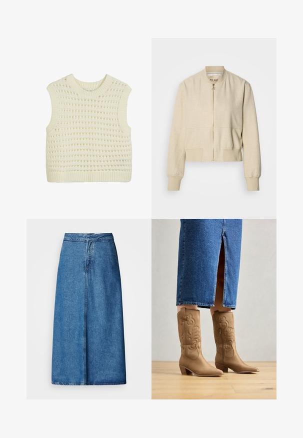 Veste bomber courte beige en tissu léger, avec fermeture éclair frontale, poignets côtelés et texture lisse.; Débardeur en tricot sans manches de couleur crème, présentant un motif en tricot ouvert texturé ainsi qu'un col et un ourlet côtelés.; Jupe midi en denim à coupe décontractée, avec une taille haute, un ourlet effiloché et une couleur bleu uni. Design simple sans ornements visibles.; Bottes western en cuir marron avec des coutures décoratives, bout pointu et talon empilé. Portées avec une jupe en denim longue jusqu'au genou, mettant en valeur les bottes.