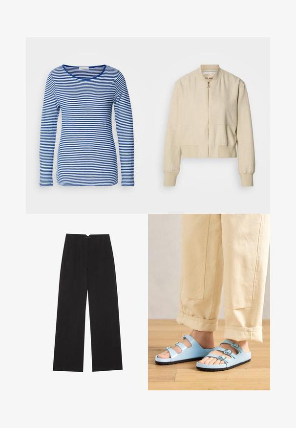 Beige verkürzte Bomberjacke aus leichtem Stoff, mit einem Frontreißverschluss, gerippten Bündchen und einer glatten Textur.; Langarmshirt mit Rundhalsausschnitt, das abwechselnd blaue und weiße horizontale Streifen aufweist. Hergestellt aus weichem, leichtem Stoff.; Anna Field Stoffhose - black; Helle blaue Flip-Flops mit drei verstellbaren Riemen und silbernen Schnallen; strukturierte Sohle und glattes Obermaterial. Tragen mit hochgerollten beigen Hosen.