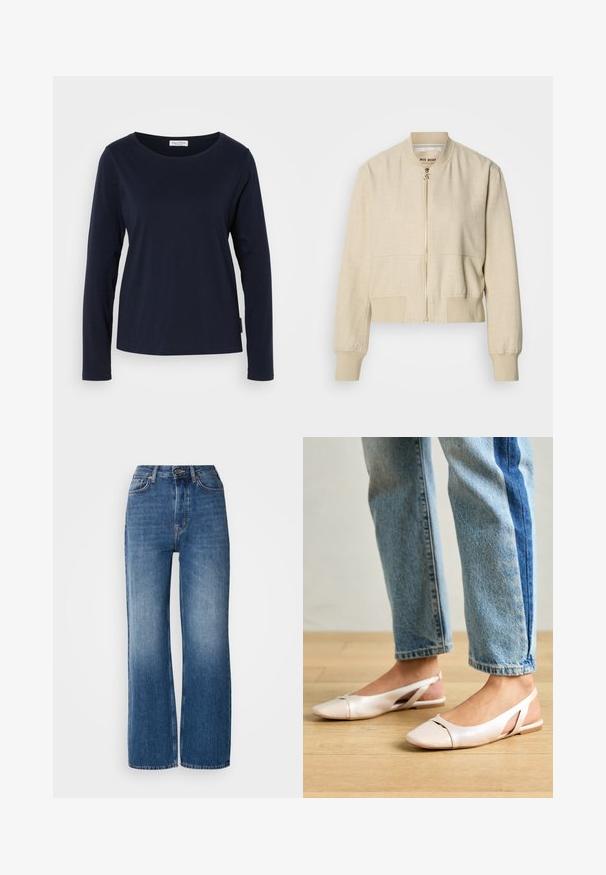 Beige cropped bomberjack gemaakt van lichtgewicht stof, met een ritssluiting aan de voorkant, geribbelde manchetten en een gladde textuur.; Marineblauwe longsleeve T-shirt van zacht katoen, met een ronde hals en een rechte zoom met minimale details.; Hoge taille, wijde blauwe denim jeans met een gradient wassing, koperen stiksels, een knoopsluiting aan de voorkant en vijf zakken.; Zachtroze slingback ballerina's met een spitse neus, gemaakt van een glad leerachtig materiaal. Bevat uitsnijdingen aan de zijkanten en heeft een platte hak.