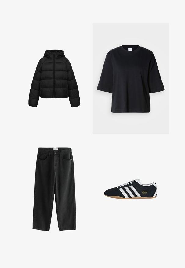 Sort quiltet dunjakke med frontlynlås og hætte, med lange ærmer og vandrette polstrede sektioner for varme.; Sort bomulds t-shirt med korte ærmer og rund hals, med en afslappet pasform og lige kant, glat tekstur og minimal detaljering.; Sorte denim bukser med brede ben og mellemhøj talje, der har to forlommer, en knappelukning og subtile syningsdetaljer.; Sort ruskinds sneaker med hvide tre striber, guldlogo og en brun gummisål. Har et lavprofil snørebåndsdesign.