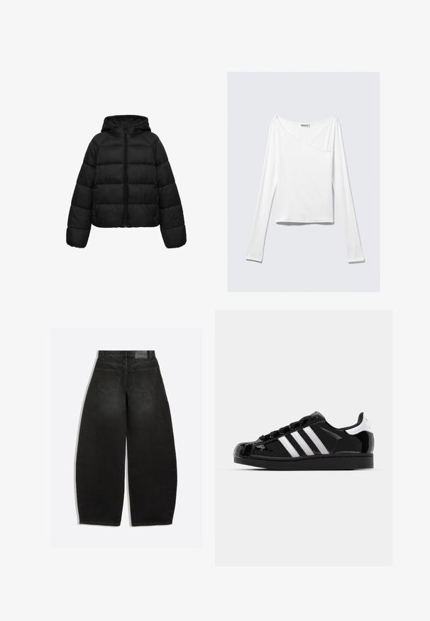 Schwarze gesteppte Steppjacke mit Frontreißverschluss und Kapuze, mit langen Ärmeln und horizontalen gepolsterten Partien für Wärme.; Weißes Langarmoberteil mit einem Überlappungsdesign und einer Tasche. Hergestellt aus einem glatten, elastischen Material. In einem lässigen, entspannten Schnitt.; Schwarze Jeans mit weitem Bein, von hinten gezeigt, mit zwei Gesäßtaschen und Gürtelschlaufen am Bund.; adidas Originals SUPERSTAR II - Sneaker low - core black/footwear white/gold metallic