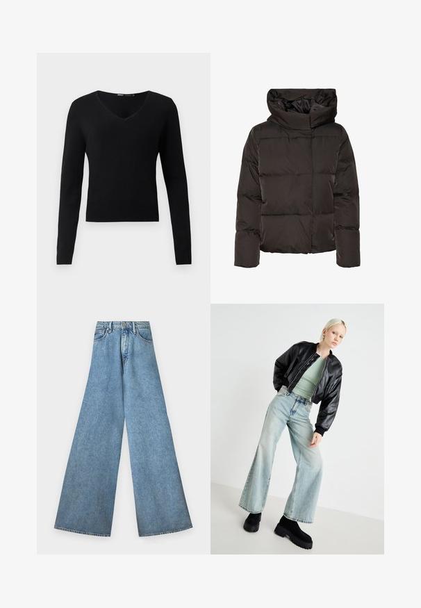 Veste matelassée noire avec col montant, design matelassé et forme carrée. Fabriquée en matériau lisse et léger pour plus de chaleur.; Pull noir ajusté à col en V et manches longues, avec ourlets et poignets côtelés, sur fond gris clair uni.; Good American PANELED WIDE LEG - Wide Leg - indigo; Veste bomber en cuir noir, haut ajusté vert clair, jean large bleu clair et bottes à plateforme noires et épaisses. Textures lisses et couleurs contrastées.