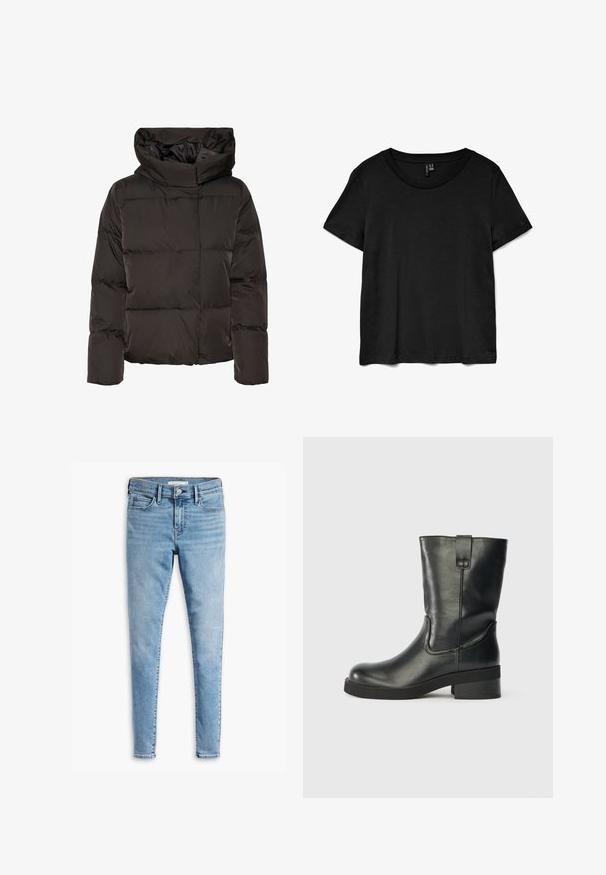 Sort dunjakke med høj krave, quiltet design og en firkantet facon. Fremstillet af glat, let materiale for varme.; Sort t-shirt med korte ærmer lavet af blødt stof. Har en klassisk rund halsudskæring og en afslappet pasform med lige kant.; Lyseblå super skinny jeans med frontknap og lynlås, bæltestropper og fem lommers design.; Sort læderstøvle til midt på læggen med en lav blokhæl, rund tå og en løftestrop på siden mod en ensfarvet baggrund.