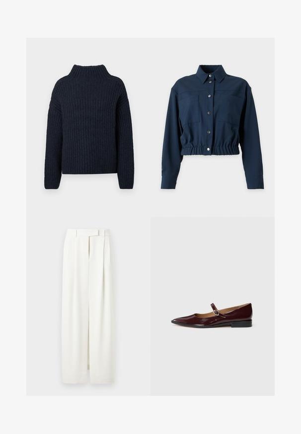 Marineblauw cropped jack met lange mouwen, knopen aan de voorkant, twee borstzakken, een kraag en een elastische tailleband.; Donkerblauwe gebreide trui met een geribbelde textuur, hoge hals en verlaagde schouders, met een doosvormig silhouet en lange mouwen.; Witte wijde broek met plooien, riemlussen en een verborgen voorsluiting, afgebeeld tegen een effen achtergrond.; Bordeaux patentleren Mary Jane ballerina's met een spitse neus, platte hak en een decoratieve band met een ronde gespaccent.