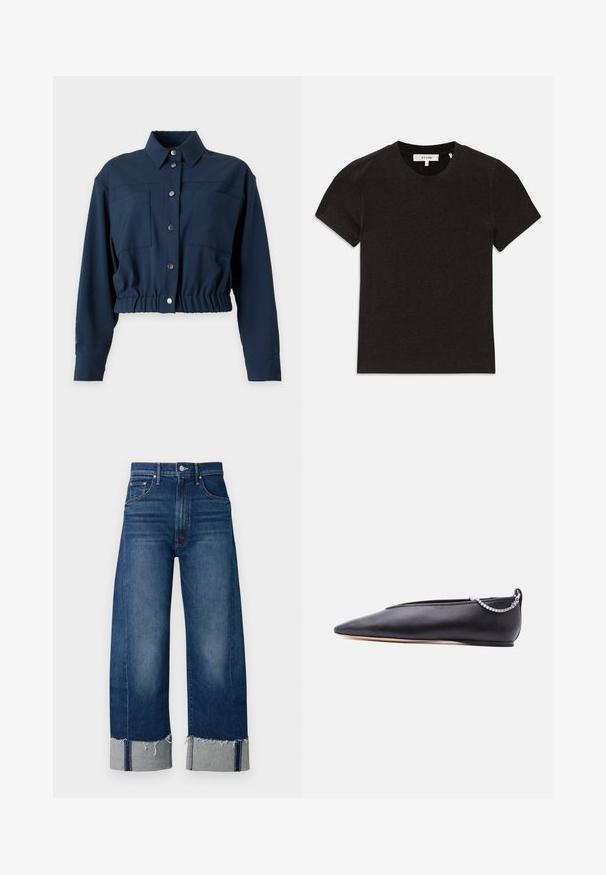 Veste courte bleu marine à manches longues avec boutons sur le devant, deux poches poitrine, un col et une taille élastiquée.; T-shirt noir à manches courtes en tricot côtelé avec encolure ronde et étiquette de marque visible au niveau du col.; Jeans en denim bleu foncé à jambes larges avec un ourlet effiloché et des poignets gris clair. Présente un design traditionnel à cinq poches.; Chaussure plate noire en cuir pointue avec un petit talon et un détail de chaîne argentée à l'arrière sur un fond uni.