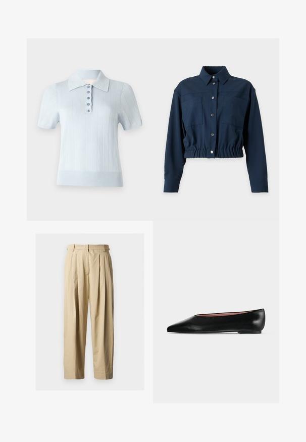 Marineblå cropped jakke med lange ærmer, forreste knapper, to brystlommer, en krave og elastisk talje.; Lyseblå kortærmet polo skjorte med ribbet tekstur, flad krave og en frontplade med seks matchende knapper.; Beige højtaljede plisserede bukser med bæltestropper, frontlynlås og lige vide ben på en ensfarvet baggrund.; Sort damesko i læder med flad hæl og spids tå, vist fra siden på en ensfarvet lys grå baggrund.