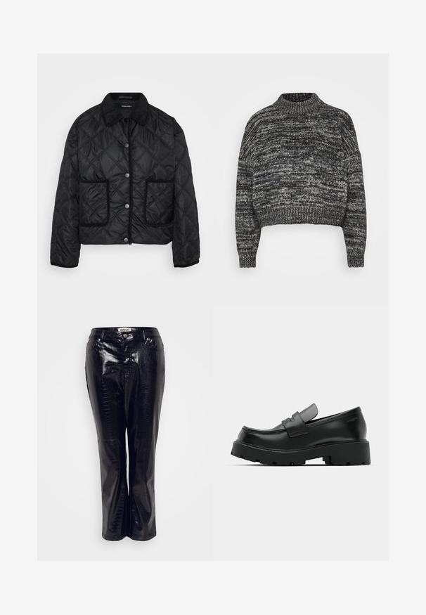 Chaqueta de piel de oveja negra con botones a presión, dos bolsillos de parche en la parte frontal y un cuello de pana, exhibida sobre un fondo blanco.; Vero Moda Petite VMDAIMA - Jersey de punto - black/birch/silver; Pantalones de cuero sintético negro con textura de cocodrilo, que presentan un diseño de pierna recta y cierre frontal con botón.; Mocasines de cuero negro con suela gruesa y texturizada, que presentan una correa sobre el empeine y un acabado suave y pulido.