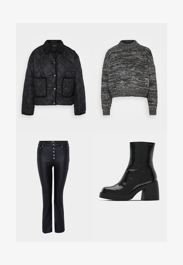 Veste matelassée noire avec boutons-pression, deux poches plaquées à l'avant et un col en velours côtelé, présentée sur fond blanc.; Vero Moda Petite VMDAIMA - Pullover - black/birch/silver; Jean évasé noir au design élégant, fabriqué à partir d'un matériau lisse. Comprend cinq fermetures à boutons argentés et des poches à l'avant.; Bottines noires à finition brillante, bout carré et épais talon bloc. Le design présente une silhouette homogène et un branding minimal.
