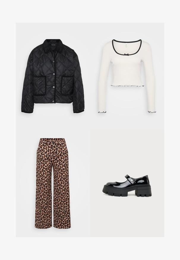 Sort quiltet jakke med trykknapper, to forreste påsyede lommer og en kordfløjlskrage, præsenteret på hvid baggrund.; Hvid langærmet crop top med en bred sortkantet rund halsudskæring, en center bånd detalje, og flæser i sort ved ærmerne og kanten.; Even&Odd Petite P-EO-AW21-A-003-SP / PETITE_TAILORED WIDE LEG TROUSERS - Bukser - brown; Sort laklæder Mary Jane-sko med kraftig platformsål og hjerteformet detalje på remmen, vist i sidprofil på hvid baggrund.