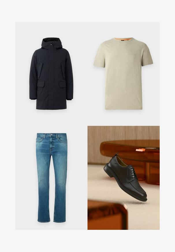 Parka imperméable bleu marine foncé avec un col haut, une capuche, deux poches avant et une coupe droite. Texture lisse avec des coutures et des accents minimaux.; T-shirt vert clair à manches courtes en tissu texturé. Doté d'un col rond et d'un petit logo "BOSS" en relief sur la poitrine.; Jean en denim bleu avec une coupe droite, présentant une finition délavée, des distresses légères au niveau des genoux et un design classique à cinq poches.; Chaussure habillée noire en cuir à lacets avec devant texturé, flottant au-dessus d'un tapis beige dans une pièce moderne avec des meubles teintés d'ambre.