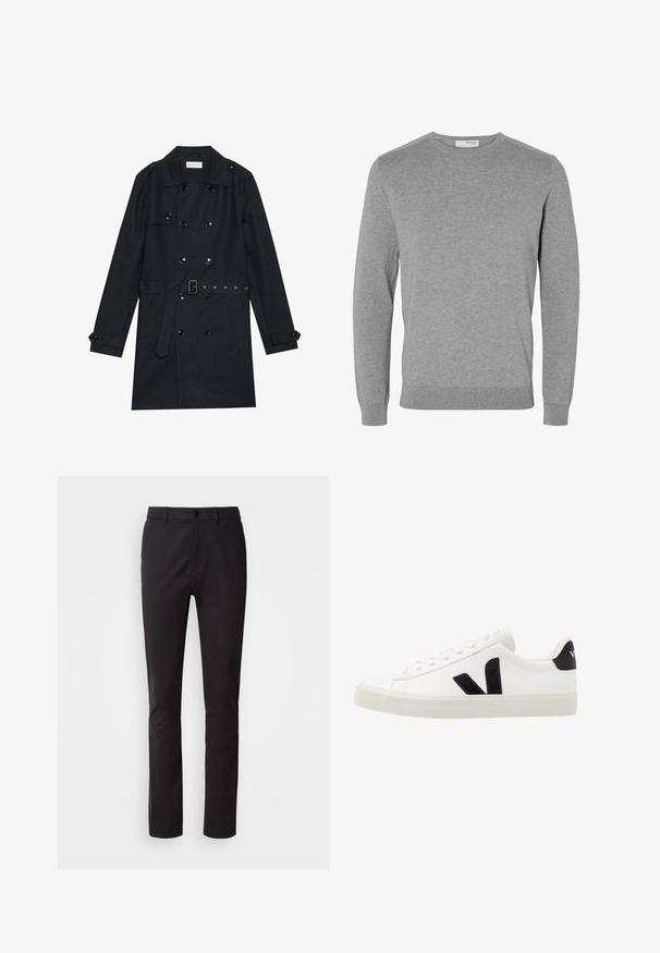 Schwarzer Trenchcoat mit doppelreihigem Design, glänzenden schwarzen Knöpfen, tailliertem Schnitt und zwei vorderen Taschen. Glattes, strukturiertes Gewebe.; Hellgrauer Langarm-Rundhalspullover mit gerippten Bündchen und Saum, aus weichem Strickstoff gefertigt.; Schwarze Hose aus glattem Stoff, mit Knopfverschluss, normale Taille und geradem Bein. Keine sichtbaren Muster oder Verzierungen.; Weiße Leder-Sneaker mit schwarzen Wildlederelementen; verfügen über eine Gummisohle, eine runde Spitze und ein klassisches Schnürdesign. Seitliches Logo in Schwarz.
