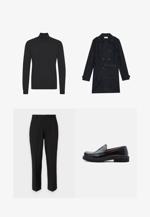 Čierny trench kabát s dvojradovým zapínaním, lesklými čiernymi gombíkmi, pásom na sťahovanie a dvoma prednými vreckami. Hladká, textúrovaná tkanina.; Čierny rolák vyrobený z hladkého materiálu, ktorý má dlhé rukávy a rebrované manžety a lem. Jednoduchý, neozdobený dizajn.; Čierne nohavice z hladkej tkaniny s rovnými nohavicami, prednými vreckami, jedným gombíkom na zapínanie a bez viditeľných vzorov.; Čierna kožená penny loaferka s masívnou gumovou podrážkou a vyšívaním v oblasti špičky, zobrazená v profile na bielom pozadí.