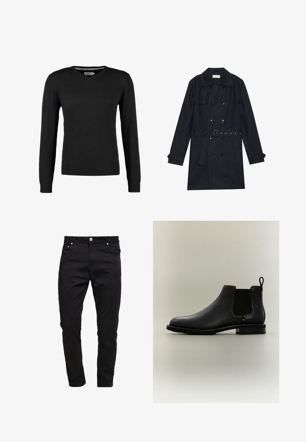Manteau noir en trench coat avec un design double boutonnage, boutons noirs brillants, taille ceinturée et deux poches avant. Tissu lisse et texturé.; Pull noir, ajusté, à col en V avec des manches longues. Fabriqué en tissu tricot doux, avec des bords côtes aux poignets et à la taille. Design minimaliste.; Jean noir en tissu denim, design slim fit, style à cinq poches, fermeture à bouton métallique, avec des détails de couture et une texture lisse.; Bottine Chelsea en cuir noir avec panneaux latéraux élastiques et languette sur fond gris clair.