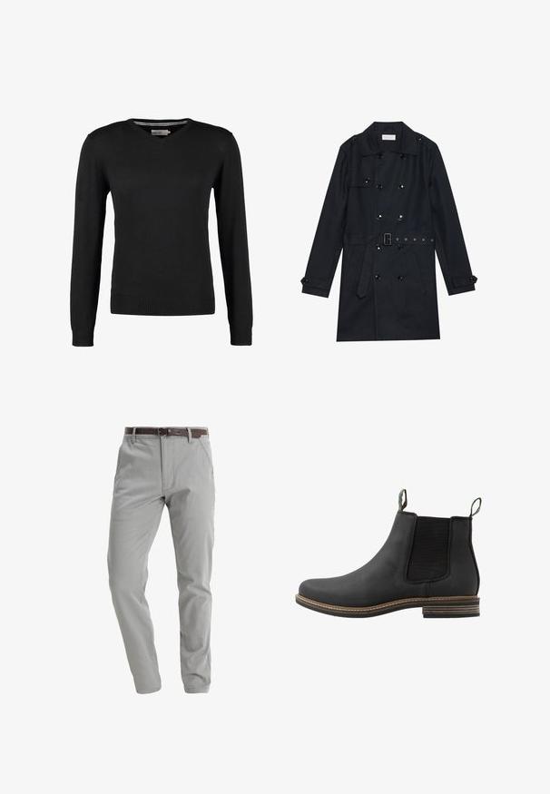 Manteau noir en trench coat avec un design double boutonnage, boutons noirs brillants, taille ceinturée et deux poches avant. Tissu lisse et texturé.; Pull noir, ajusté, à col en V avec des manches longues. Fabriqué en tissu tricot doux, avec des bords côtes aux poignets et à la taille. Design minimaliste.; Pantalons gris clair en tissu doux, avec une coupe droite, des poches avant et une ceinture en cuir marron pour le maintien.; Bottines en cuir noir avec des panneaux latéraux élastiques, des poignées vertes et un talon empilé marron. Présente une finition lisse et des détails de couture.