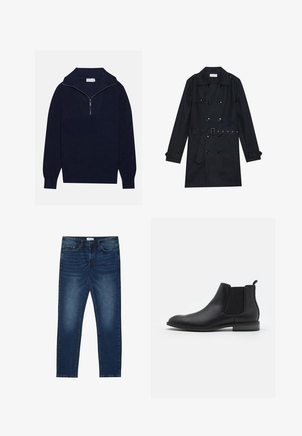 Sort trenchcoat med dobbeltknapning, skinnende sorte knapper, bælte i taljen og to frontlommer. Glat, struktureret stof.; Mørkeblå striktrøje med halvlukket krave, med ripet tekstur og et V-formet design på forsiden. Lange ærmer og tætsiddende kanten.; Mørkeblå slim-fit jeans med falmede detaljer, klassisk fem-lomme design, knappelukning og bæltestropper.; Sort læder Chelsea støvle med elastiske sidelapper, rund tå og trækflap, der har en lav blokhælt og glat overflade.