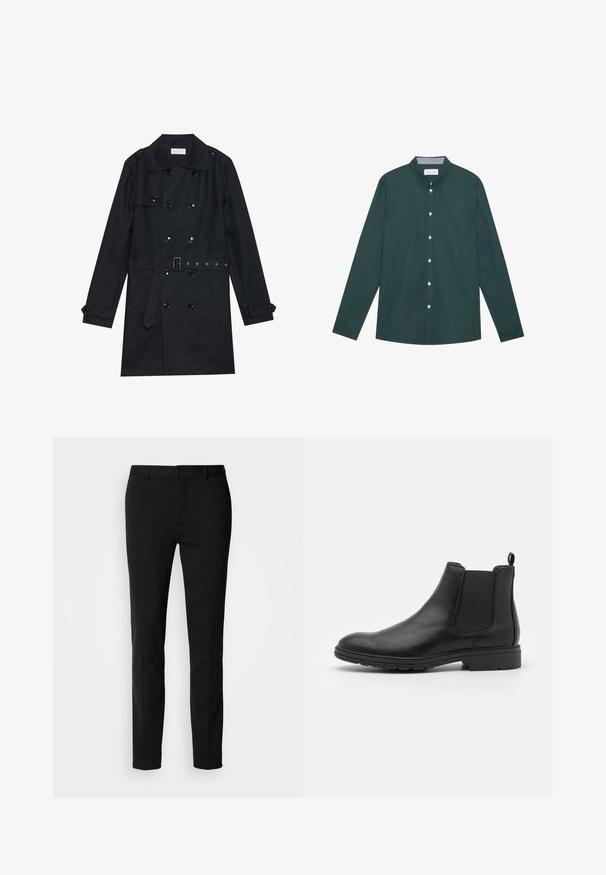 Sort trenchcoat med dobbeltknapning, skinnende sorte knapper, bælte i taljen og to frontlommer. Glat, struktureret stof.; Mørkegrøn langærmet skjorte lavet af glat stof, med klassisk krave, frontlukning med knapper og diskrete hvide syninger.; Sorte bukser med slim fit, der har knaplukning og bæltestropper. Lavet af glat stof med en let glans, uden synlige mønstre.; Sort læder Chelsea-boot med elastiske sidepaneler og en løftestrop, der har en rund tå og en tekstureret gummisål.