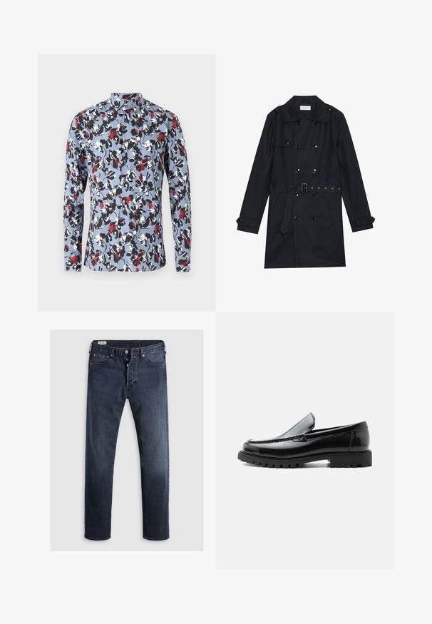 Schwarzer Trenchcoat mit doppelreihigem Design, glänzenden schwarzen Knöpfen, tailliertem Schnitt und zwei vorderen Taschen. Glattes, strukturiertes Gewebe.; Langärmliges Hemd mit Knopfleiste in Hellblau, mit einem floralen Muster in Rot, Schwarz und Weiß. Verfügt über einen Kragen und eine Vorderknopfleiste.; Dunkelblaue Denim-Jeans mit geradem Bein, ausgestattet mit einem Reißverschluss, Metallknöpfen und Kupfernieten. Glatte Textur, keine sichtbaren Muster.; Schwarzer Lederloafer mit grober Gummisohle, genähter Oberseite und geprägtem Markennamen an der Ferse, seitlich auf weißem Hintergrund gezeigt.