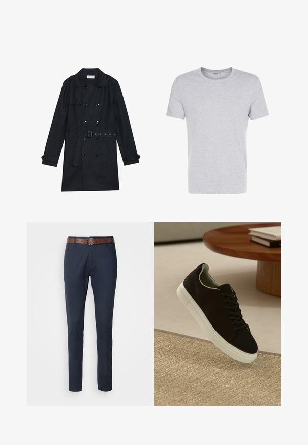 Sort trenchcoat med dobbeltknapning, skinnende sorte knapper, bælte i taljen og to frontlommer. Glat, struktureret stof.; Grå bomulds T-shirt med rund hals, korte ærmer og et enkelt design, som har en blød, glat tekstur uden synlige mønstre eller udsmykninger.; Marineblå bomuldsbukser med slim fit, udstyret med et brunt læderbælte, fire lommer og en glat tekstur. Minimalistisk design uden mønstre.; Sort sneaker med hvid sål svævende over en beige tekstureret tæppe nær et rundt trætabel med stablede bøger.
